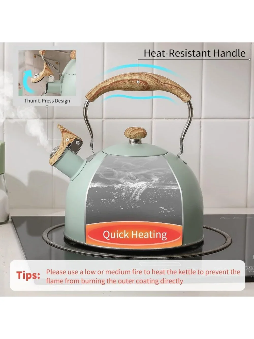 Green Kitchen Whistling Tea Kettle 2.5 QT Stainless Steel Wood Folding Handle